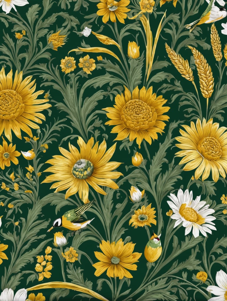 Fabric design for a bedspread with elements of wheat, flowers and birds in yellow, white, green colors