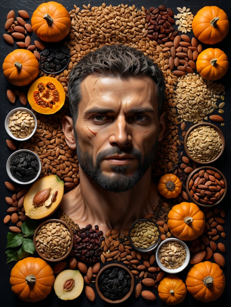 anatomy of a male, made of ingredients, nuts, raisins, almonds, dates, pumpkin seeds, isolated, black background