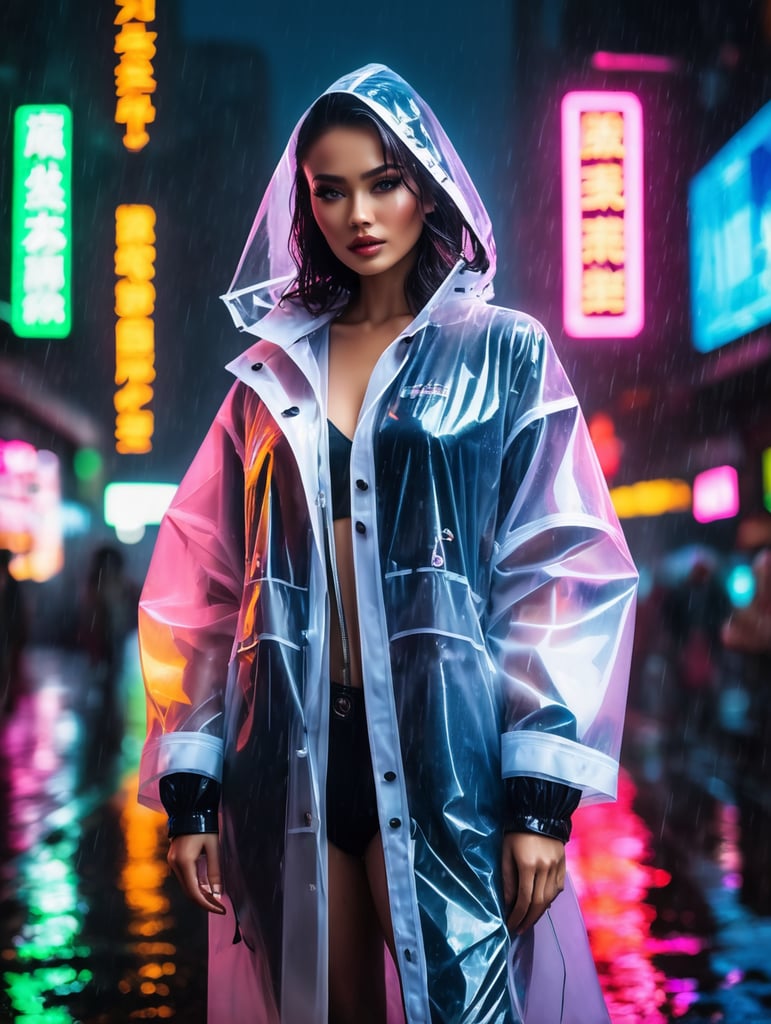 Portrait of A super model women wearing translucent raincoat, standing on a street under the heaviest rain, neon cyber city, dark night, neon signs,
