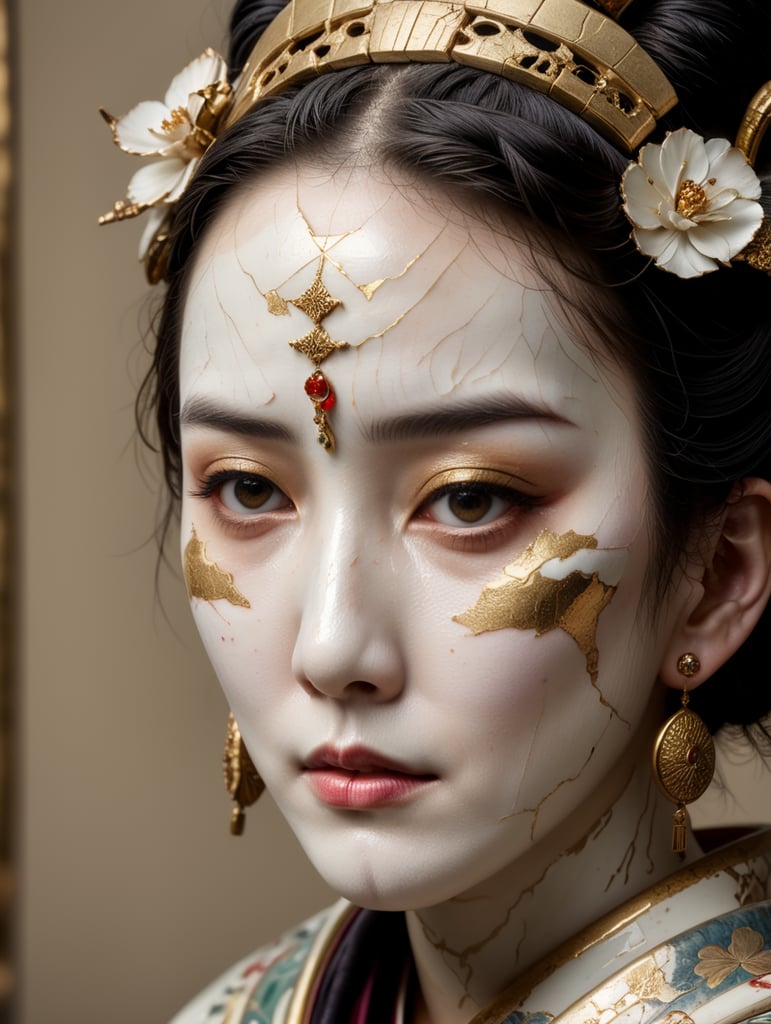 broken porcelain geisha statue face with golden kintsugi lines
