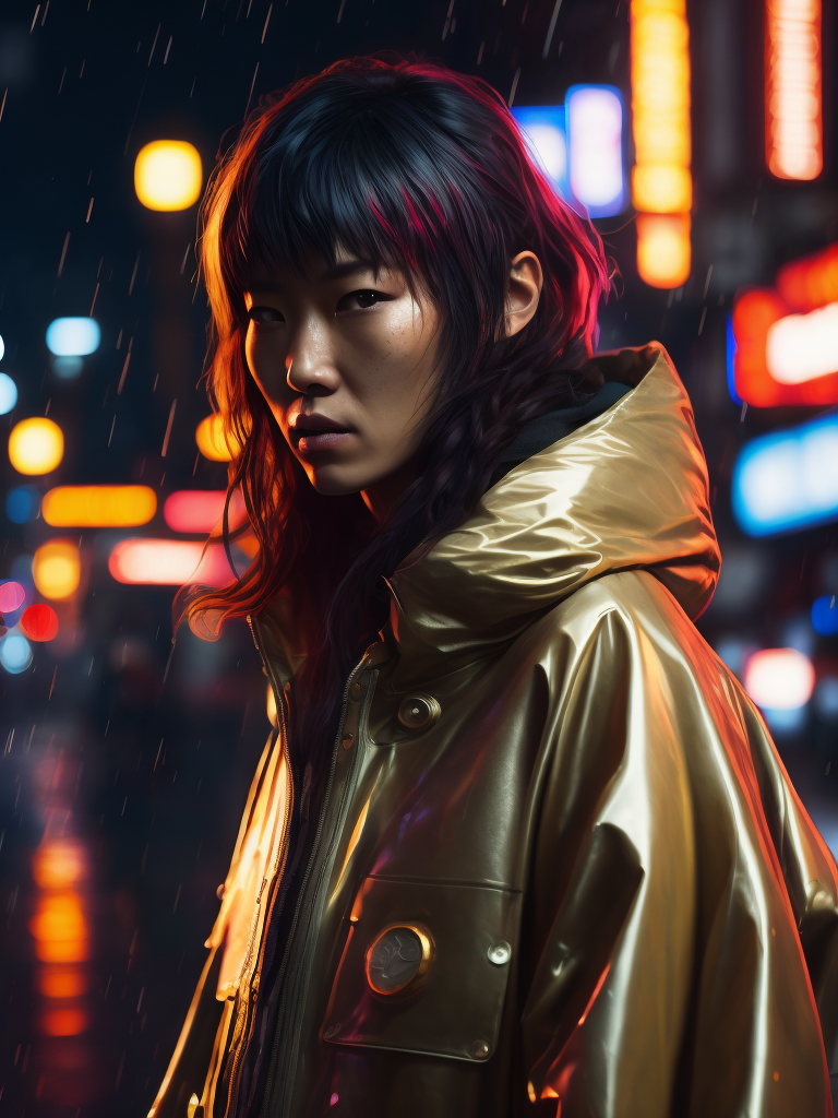 Portrait of Kaori from akira wearing transparent raincoat, rainy neo tokyo photoshoot, cyberpunk, Vivid saturated colors, Contrast light, studio photo, professional photo, Detailed image, detailed face