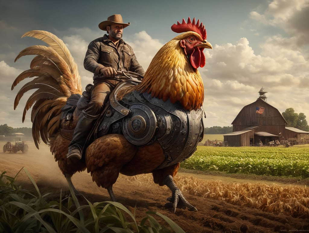 Draw a man riding a giant chicken across a farm field. The man is about 40 years old and wears a cowboy hat. The chicken looks like a man-made robot, and has a skin made of metal with rivets.