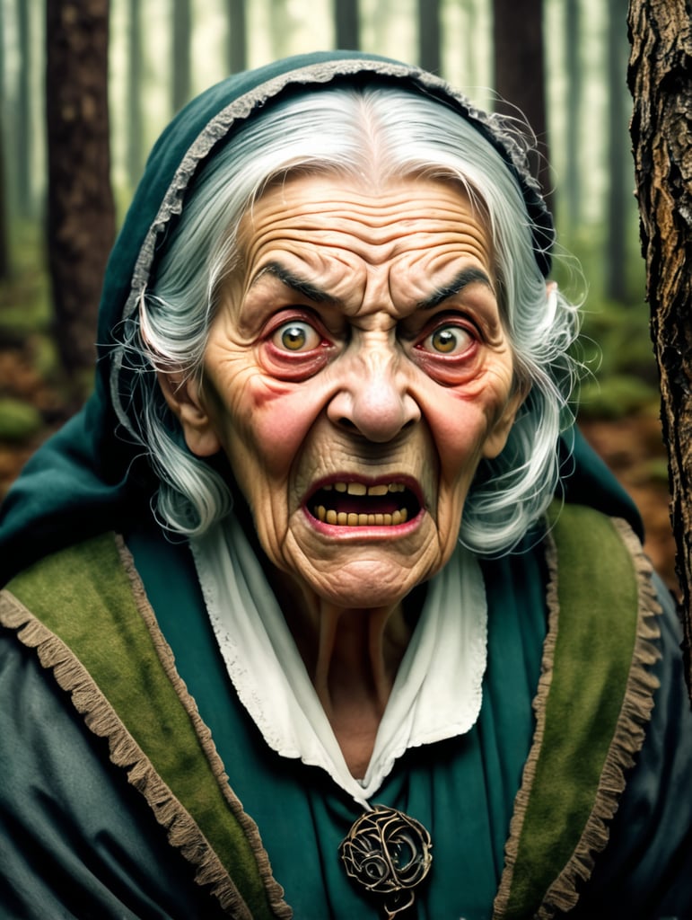 an ugly scary old woman in the woods, fairy tale-style drawing and illustration representing the english style.