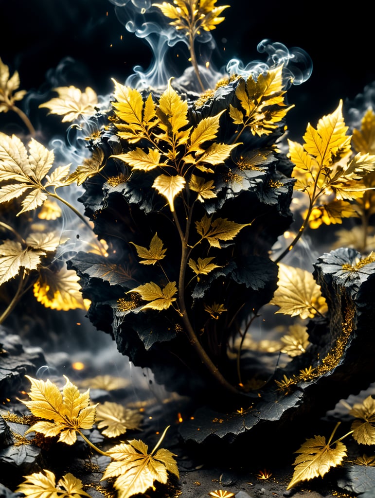 cured live resin concentrates exploding golden weed leaves floating in the gold ground, smoke 4k photo-realistic