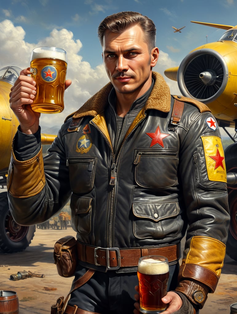 A Soviet male pilot dressed in a flying bomber leather jacket holds a mug of kvass in his hands, in the background a Soviet yellow barrel on wheels with kvass can be seen