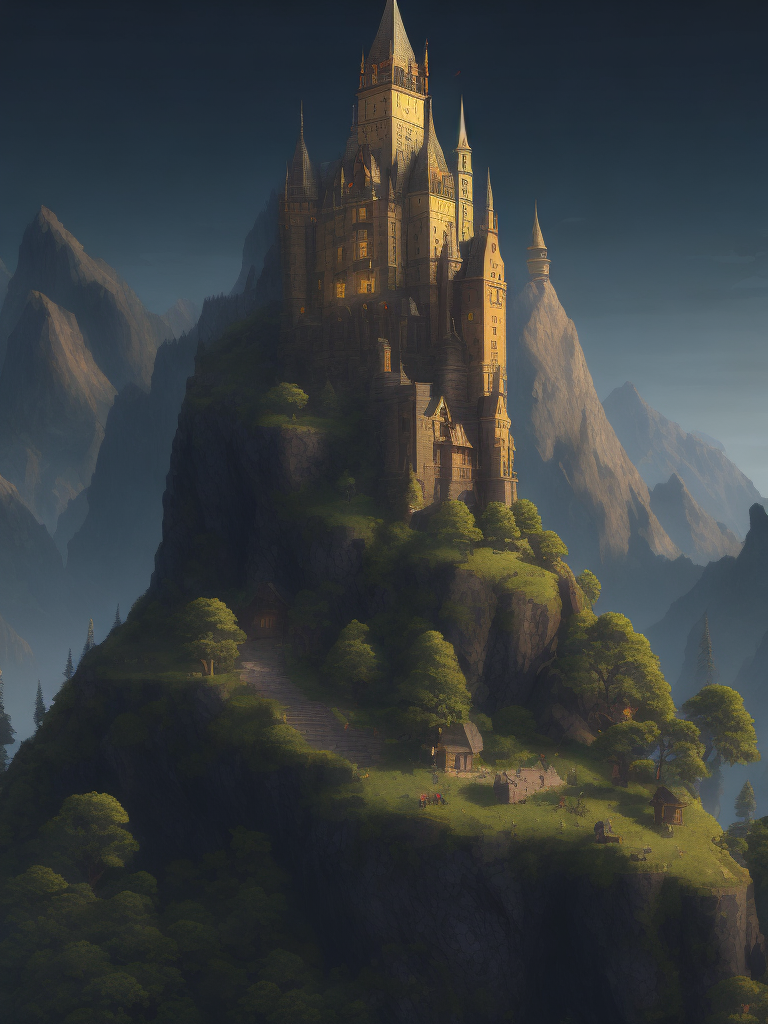 A forbidden castle high up in the mountains, pixel art