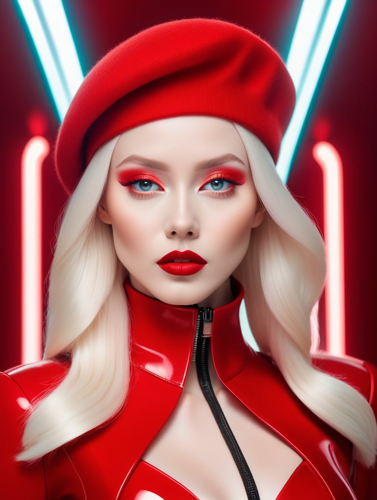 An ethereal albino pop artist in a red sleek futuristic outfit, with a wool beret, light makeup with depth of field, fantastical edgy and regal themed outfit, captured in vivid colors, embodying the essence of fantasy, minimalist, photography 8k resolution image.