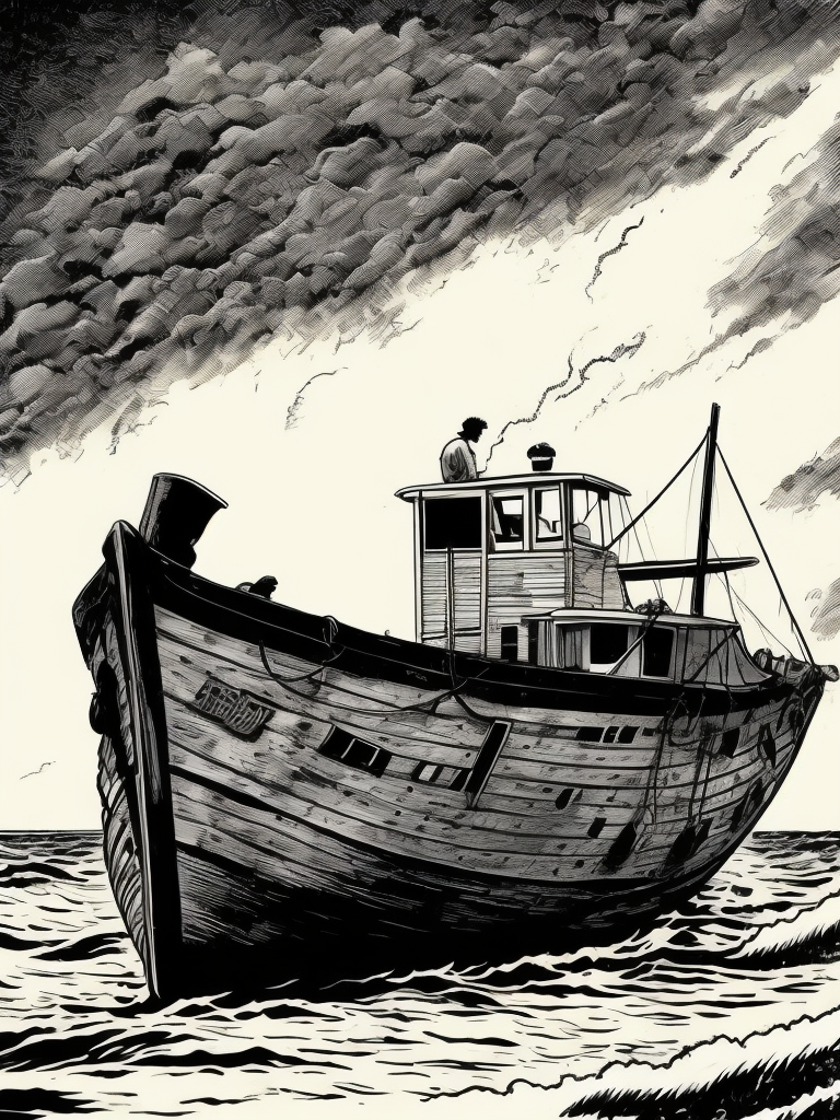 Broken old boat in big storm, illustrated by hergé, style of tin tin comics, pen and ink