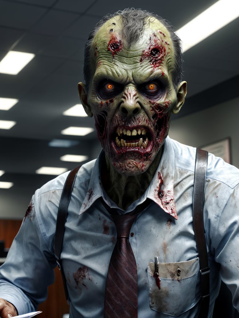 create zombie in a office doing paperwork, hyper realistic. el zombie esta muy podrido. Very focused, very detailed damage skin. Very real eyes, scary