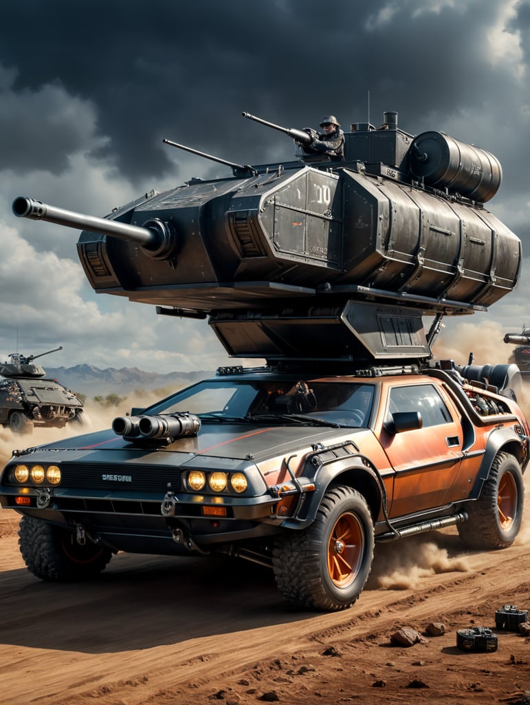 The Delorian time machine from the `Back to the future` movies... converted into a army tank with big barrel gun on top.