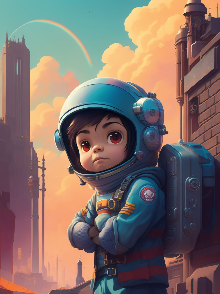 Highly detailed portrait of a cute little astronaut. he has a bright and cheerful color scheme, featuring a mix of pastel blues, pinks, and purples, standing with his arms folded holding a toy sword, surrounded by a swirl of energy. the background is a colorful cartoon landscape, with fluffy clouds and a rainbow. the background is a stark, metallic landscape, with a futuristic cityscape visible in the distance. by atey ghailan, by eduard hopper, by greg tocchini, by james gilleard, grunge aesthetic graffiti
