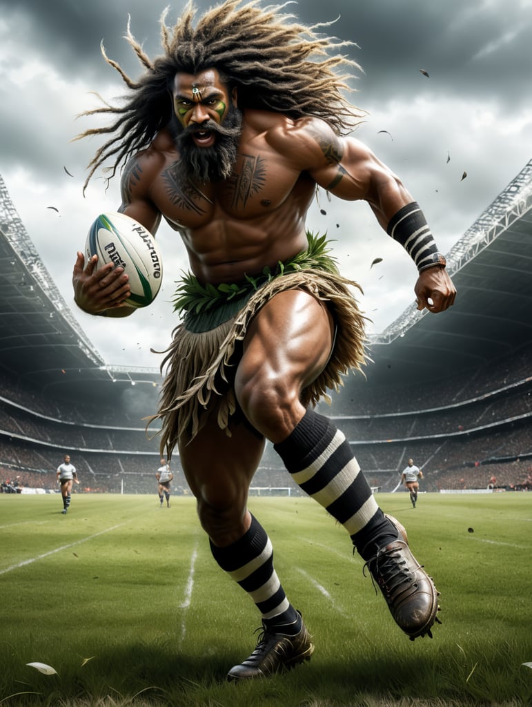 A Fijian warrior with long hair dressed in grass skirts wearing rugby boots with long white and black stripe socks,running with a rugby ball in his hand, scoring a try🏉