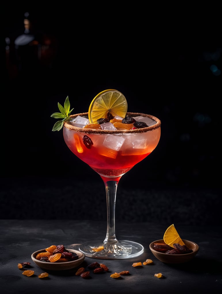 Gin cocktail with dried fruit slices, mood lighting