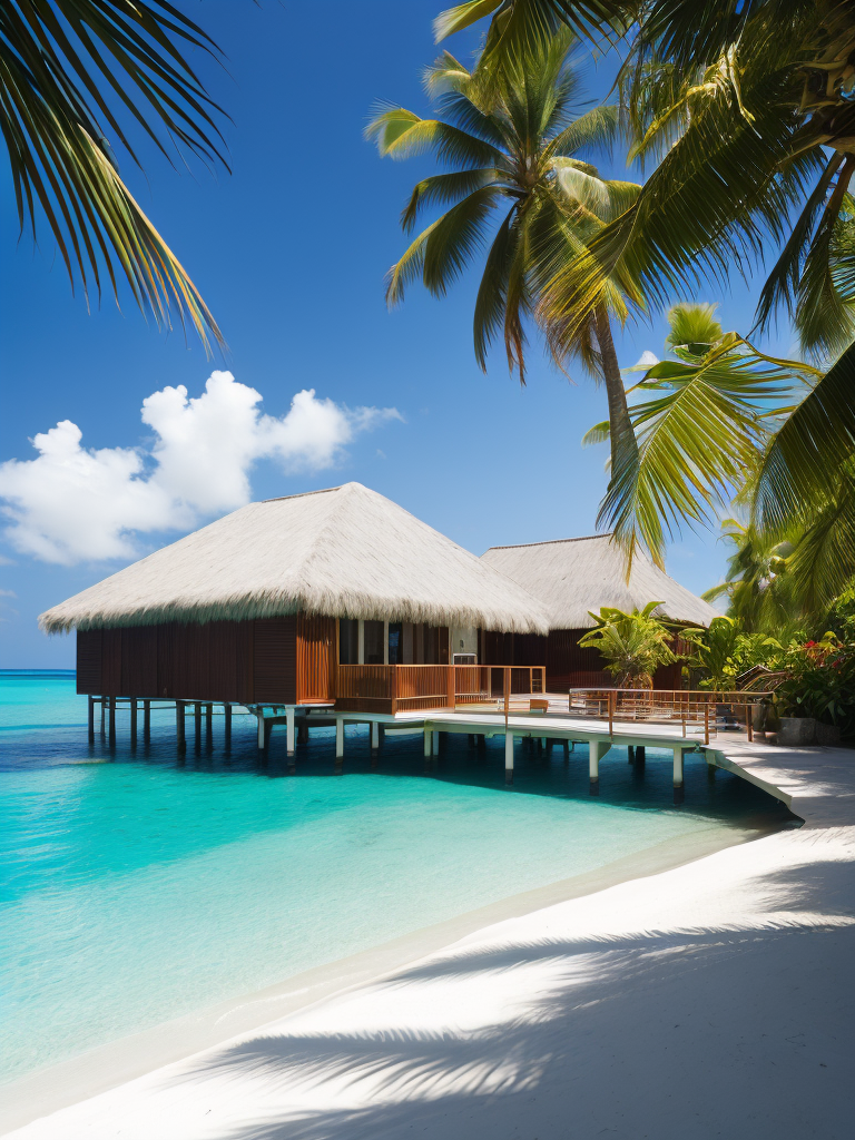 Over water villa in the maledives with the sun shining and some palms, Vibrant and rich colors, blue skies and azure oceans, photorealistic, contrast light, deep colors, Incredibly high detailed