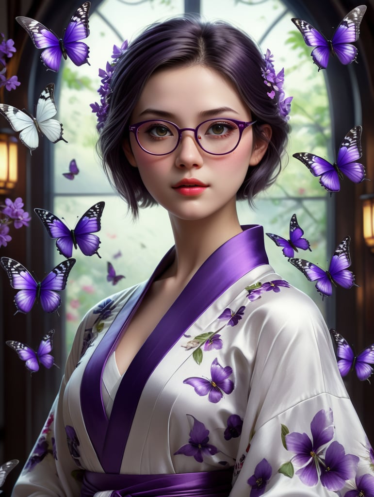 Create a Pixar animation style image of a girl with short dark hair, dark eyes and glasses, her skin is white, she wears a purple and white kimono with purple butterflies