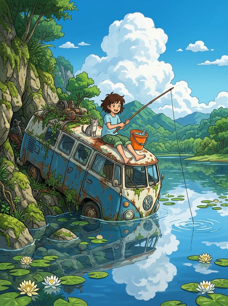 A barefoot girl fishes from a partially submerged, rusty blue and white vintage van in a vibrant lake. Wearing a light blue shirt and green shorts, she holds a long pole alongside a small gray cat and an orange bucket. The weathered vehicle is embedded into a mossy cliff face overgrown with vines and rusted mechanical parts. Green lily pads float on the calm water, perfectly reflecting a massive, fluffy white cumulus cloud and clear azure sky. Rendered as a 2D cel-shaded digital illustration, the artwork features a bright, nostalgic anime aesthetic with rich colors and crisp lighting.