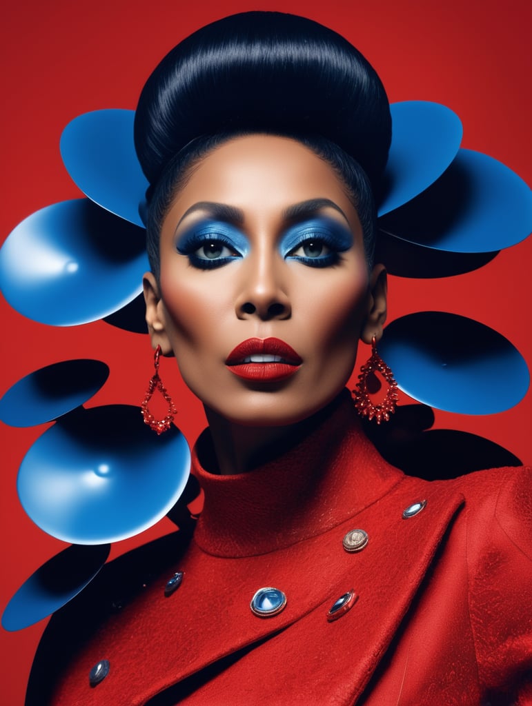Donyale luna, avant-garde, simplygo, photoshoot spread, dressed in all red, blue background, harpers bizarre, cover, headshot, hyper realistic