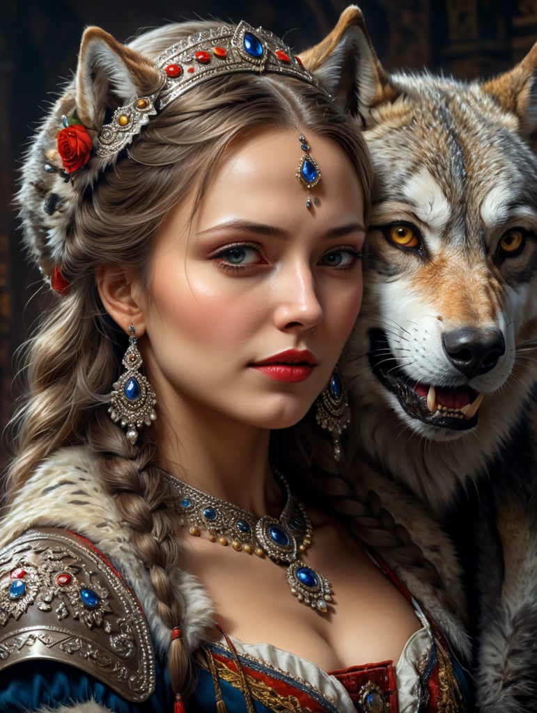 Portrait of a Beautiful women from Russian fairytale wearing traditional costume hugging a wolf