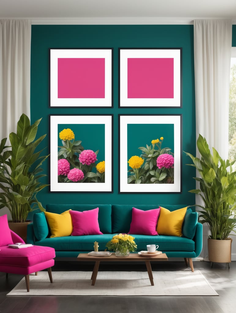 Mockup for two frames of 24x36 in. posters, hanging on a wall painted dark teal color, in a french modern country style livingroom, hot pink sofa and yellow pillows, many plants and flowers, bright livingroom