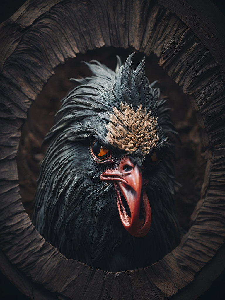 grumpy old rooster head with large eyes, contained in a circle