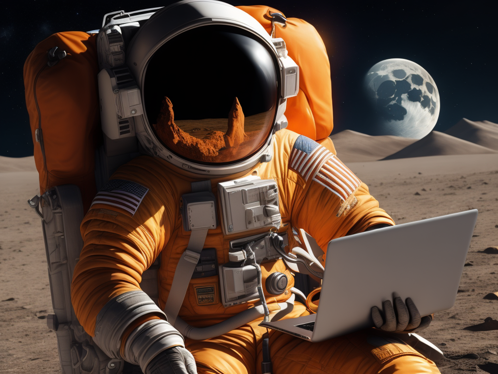 Astronaut on the moon with orange suite working on laptop