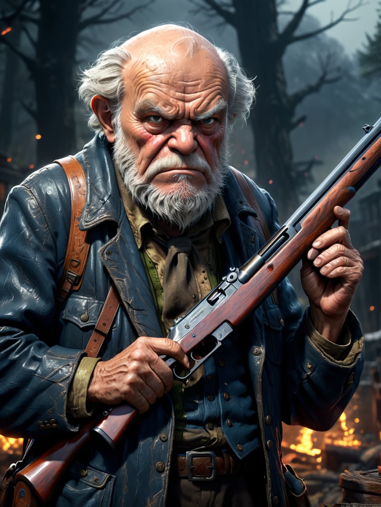 Make the old grumpy man with a shotgun in anime style