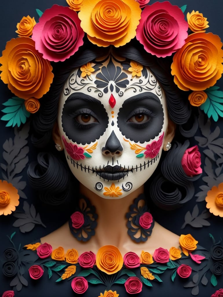 Portrait of Mexican beautiful catrina with roses on head Sugar skull makeup for day of dead in Mexico Dia de los muertos