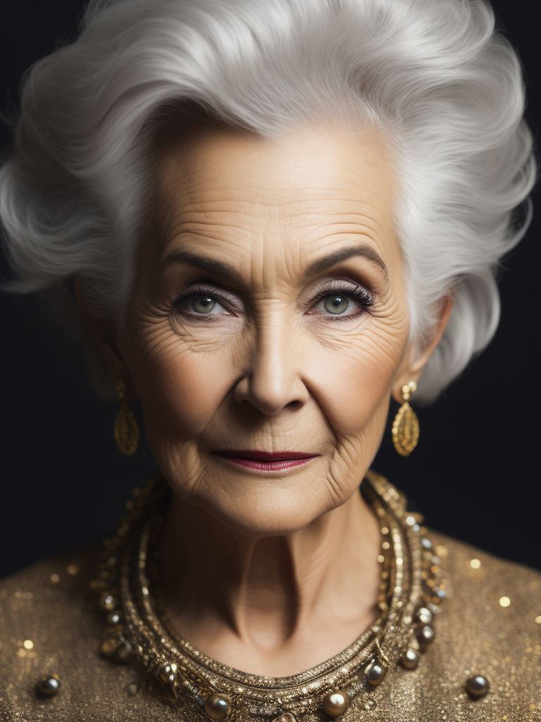 A 70yr old supermodel with classic Chanel make-up and beautifully styled volume hair, beautiful pores and skin texture, detailed high resolution image, grey hair, Dior makeup, award winning fashion editorial image, soft lighting, gentle expression, she is content with her age