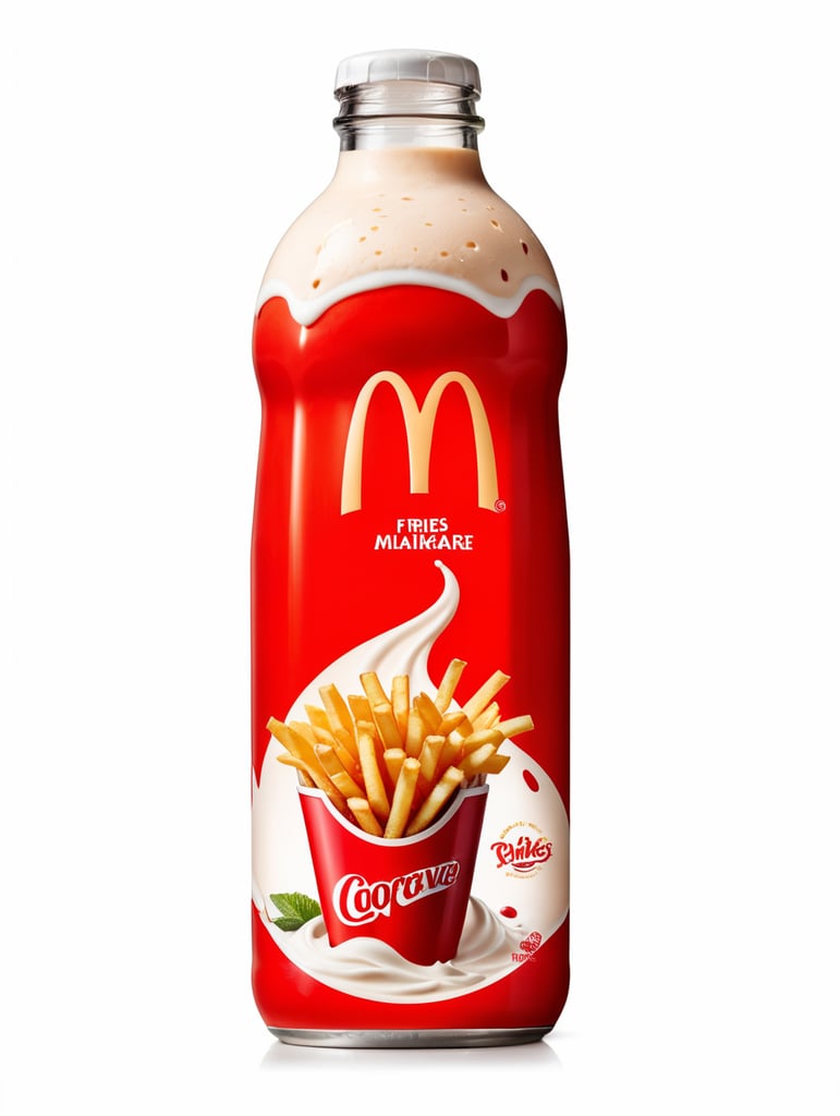An advertisement shot of a Bottle in front of a white background. The bottle has a very dynamic branding of fries and milk blending into a milk shake texture