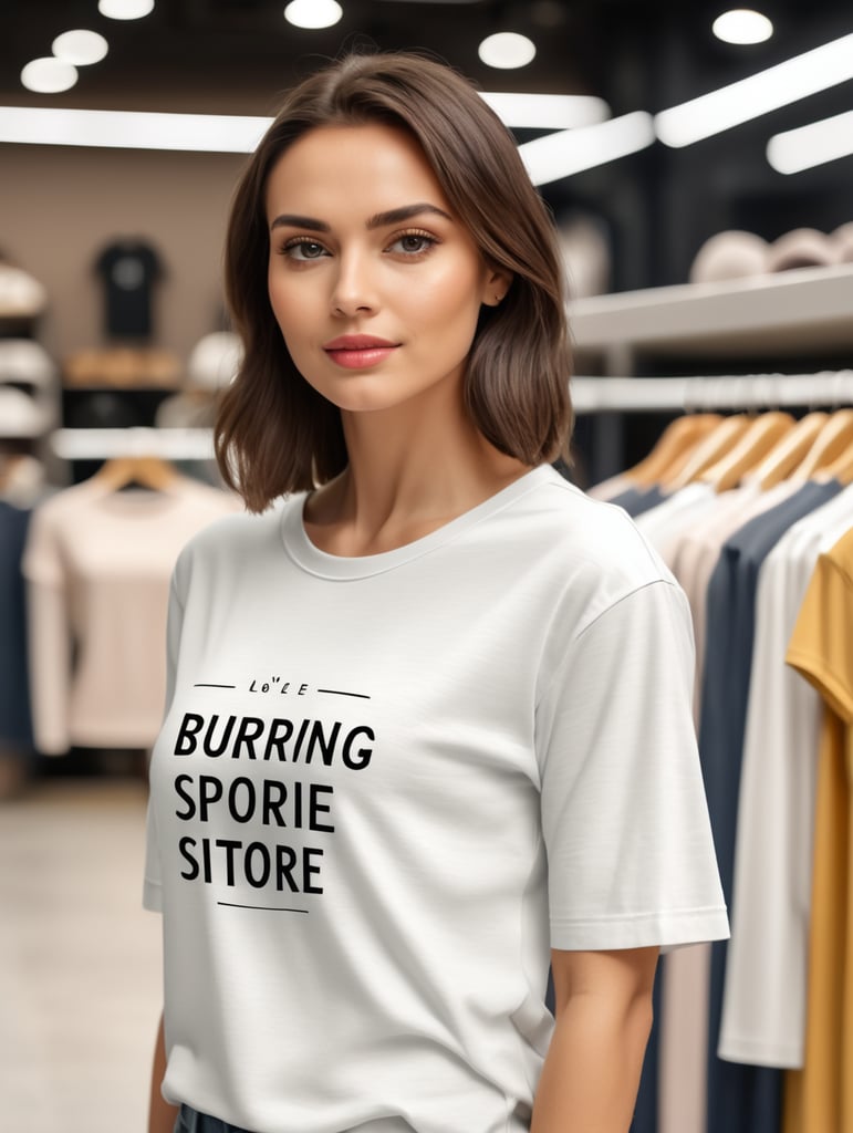 Woman wearing T-Shirt in Clothing Store Mockup