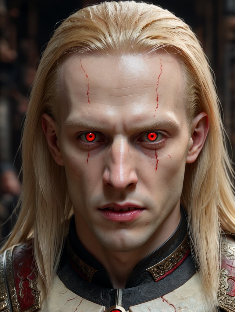 Young pale man, red eye, very long blonde straight hair