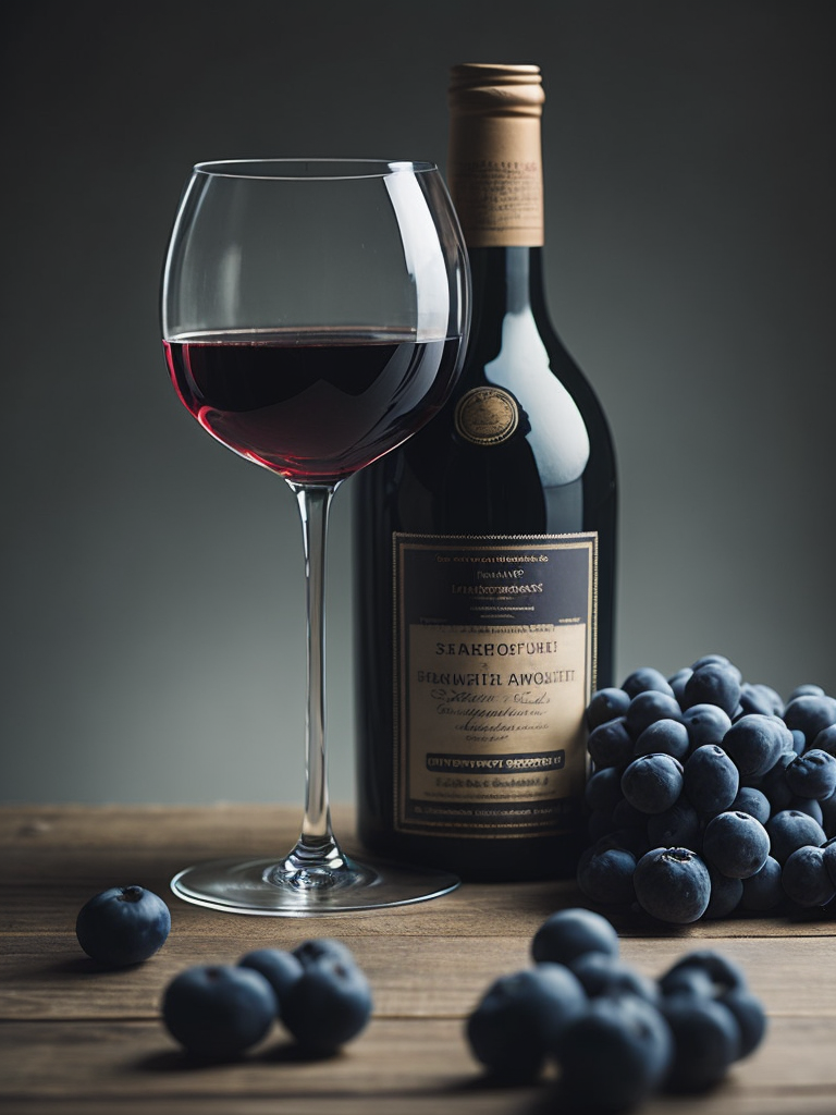 wine bottle with glass of dark red wine, grapes