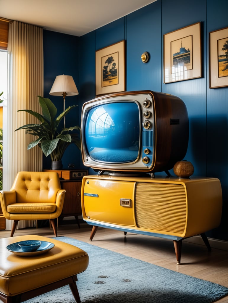 a retro-kitch space-age TV sitting in a midcentury modern living room with tones of yellow and blue.