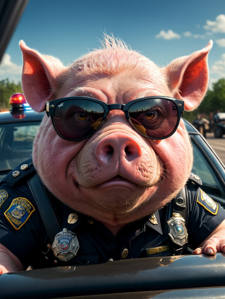 A angry pig police officer, sitting behind the wheel of a police car, close-up shot, sunglasses, clipart, stock photo