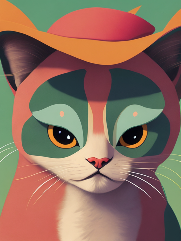 a young pink cat, wearing a hat, Illustration, Disney, USA, style of Mary Blair