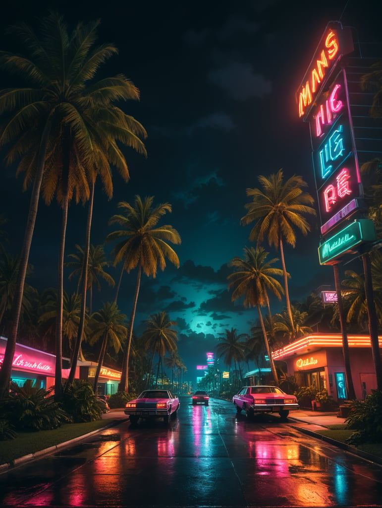 1980's, Miami, neon lights, nighttime, palm trees