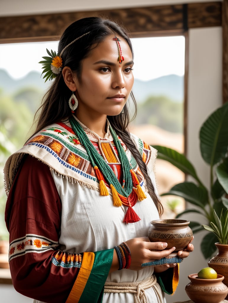 hermosa joven indígena de pie recibiendo medicina tradicional mexicana con fondo blanco