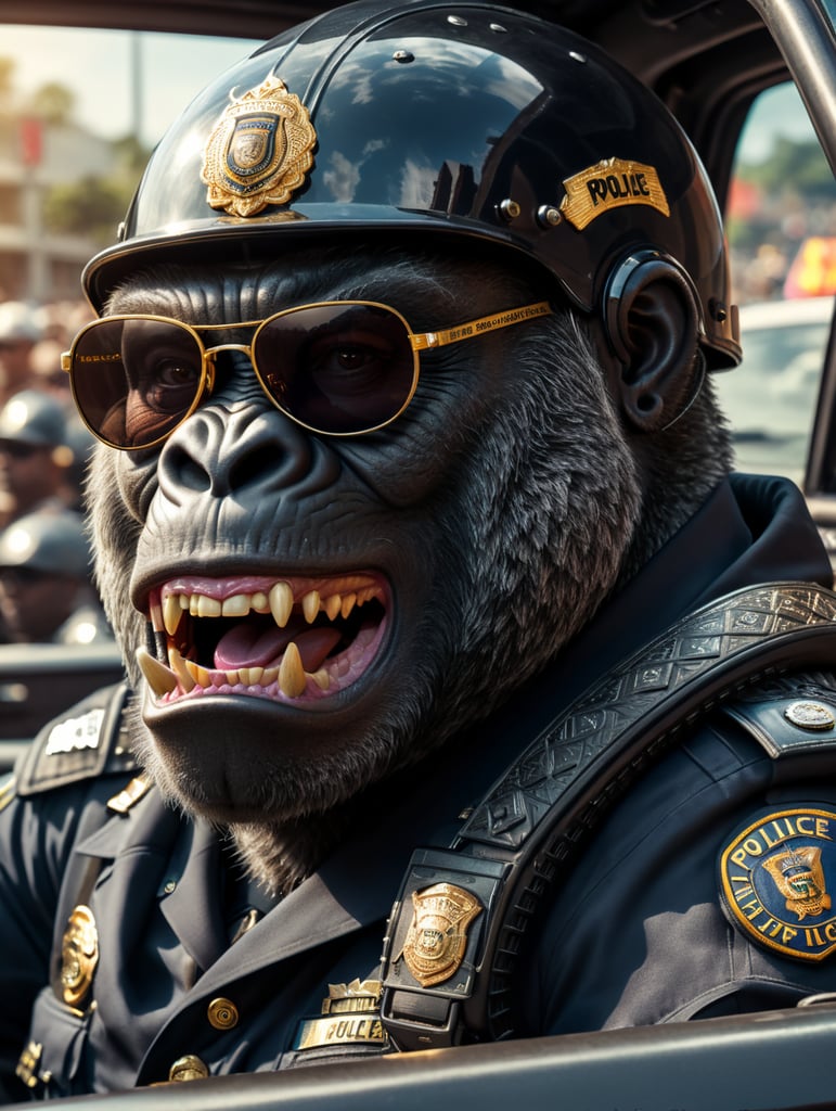 Gorilla police officer, sitting behind the wheel of a police car, close-up shot, sunglasses, clipart, stock photo