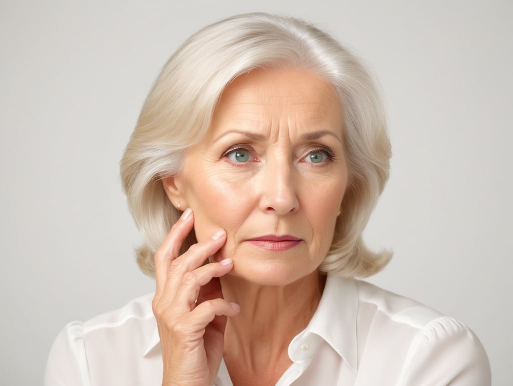 Blonde middle aged woman ponders on something keeps hand near face, white hair, white blouse, mature women, pretty old women, isolated, white background