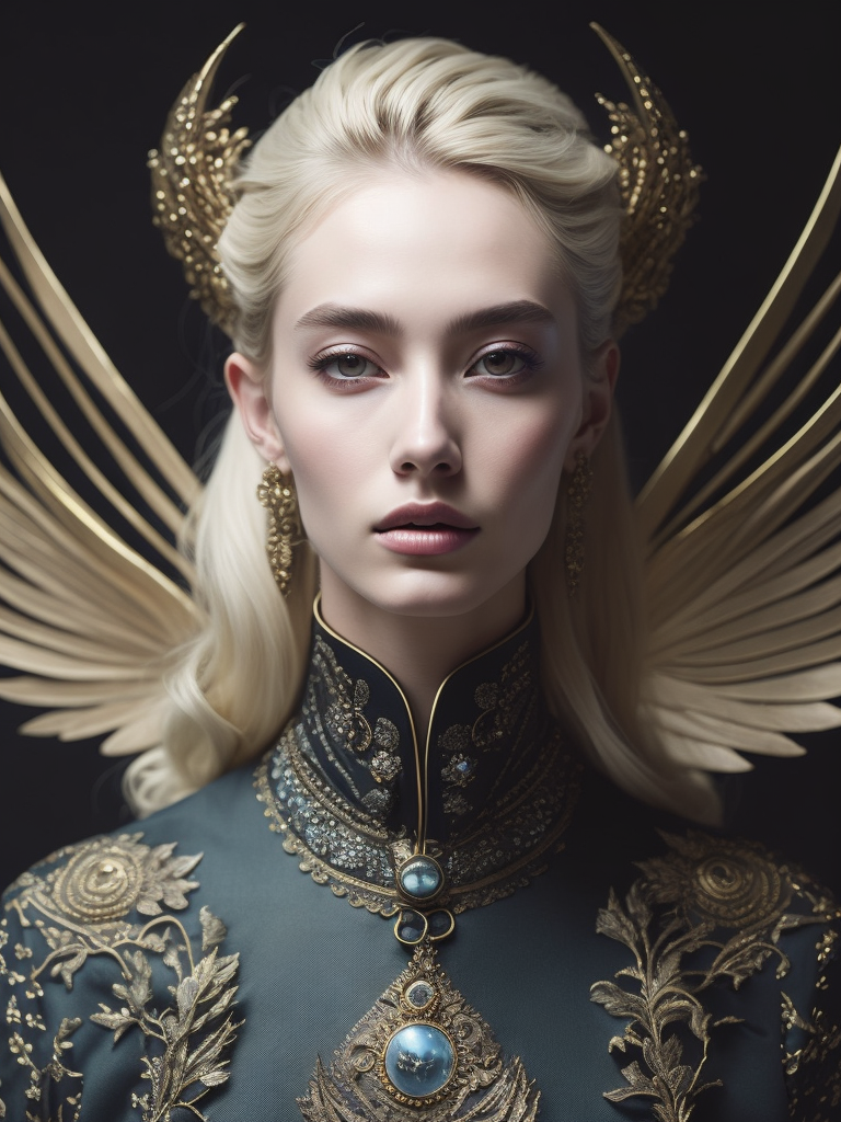 A beautiful painting featuring a young blonde woman and jewelry, in the style of zhang jingna, rinko kawauchi, baroque - inspired details, dark gold and light blue, fanciful, dreamlike imagery, hyper - realistic details, enchanting realms