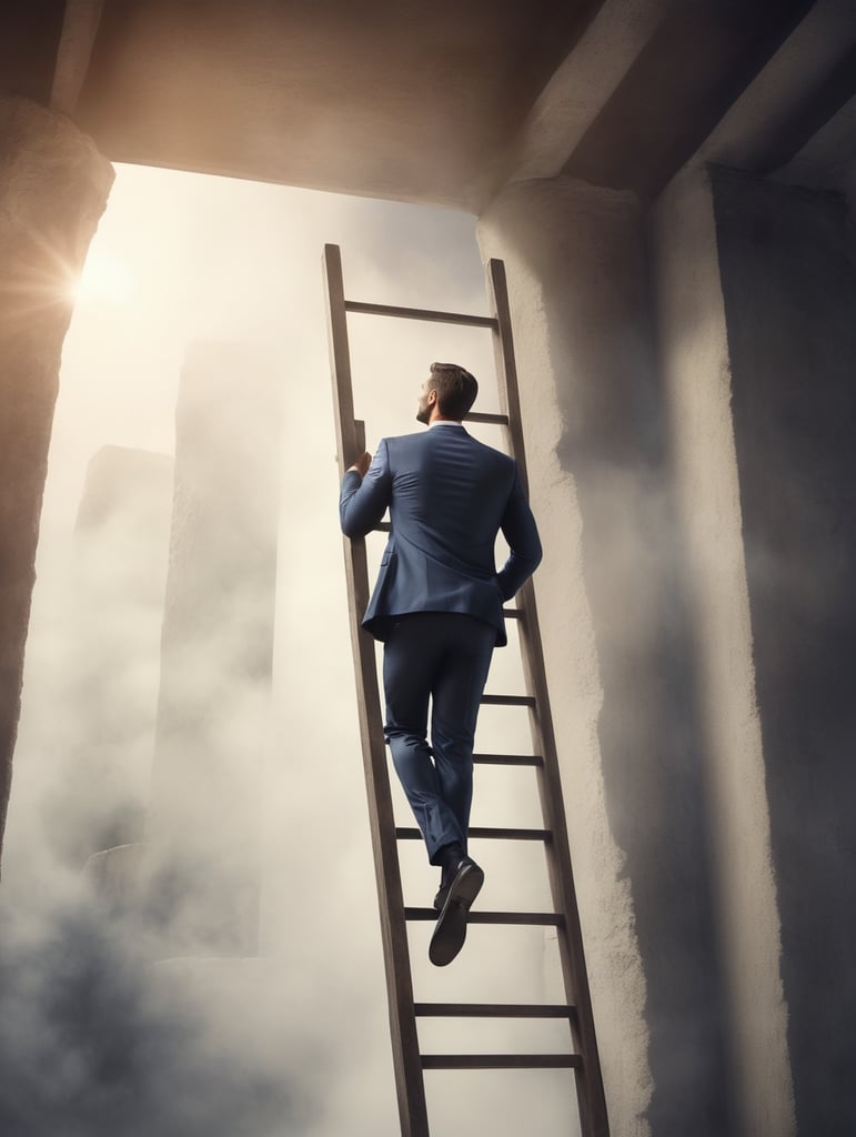 Generate an image of a man who is passionate about startups and entrepreneurship looking forward and is on a ladder to success.