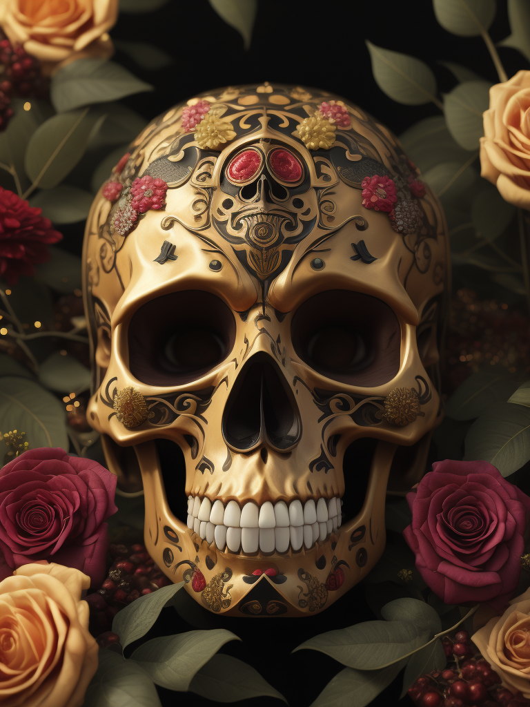 Mexican skull calavera, surrounded by poetic ornamental elements such as fruits, flowers, garlands of lights and native plants, colors pink, green, gold and black, 3d style, painting art, highly detailed, surrealist