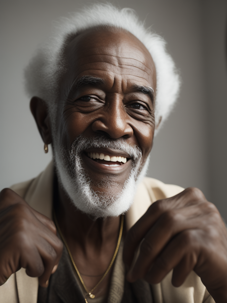 Abuelo con tez morena celebrando feliz en una habitación blanca iluminada.