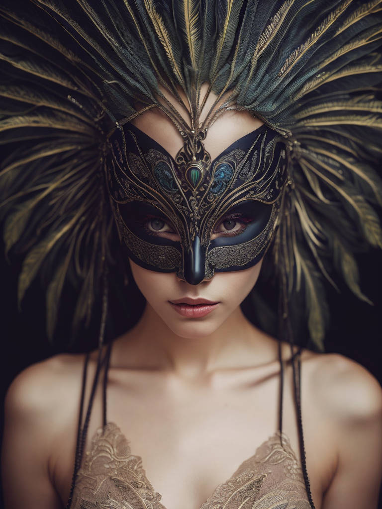 Centered detailed portrait of a masked woman wearing a venetian mask, vibrant peacock feathers, intricate, elegant, highly detailed, digital painting, artstation, smooth, sharp focus, illustration, illuminated lines, outrun, vaporware, intricate venetian patterns, cyberpunk darksynth, by audrey kawasaki and ilya kuvshinov and alphonse mucha
