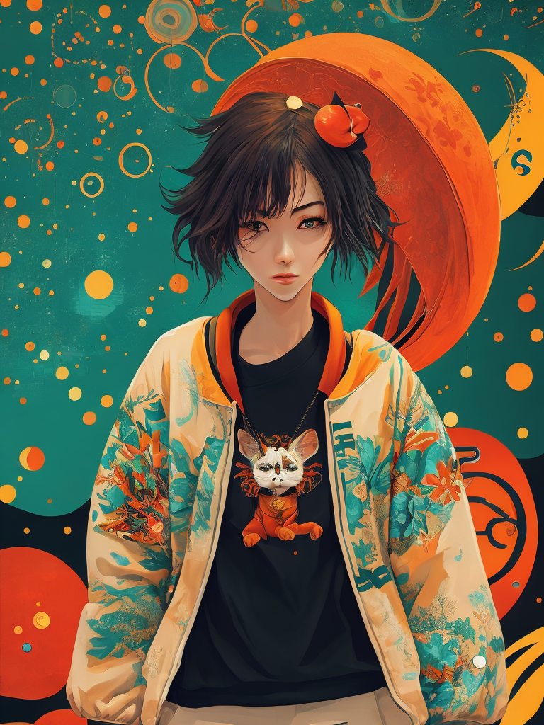 Magazine cover poster, upper portrait of anime girl with cat, ultra detailed, cel shading, artistic, shibuya fashion, harajuku fashion, mucha, frida kahlo, vivid floral oversized sukajan bomber jacket, trends of pixiv, headline, logos labels, badges, graphic design, art by miyazaki hay takashi murakami oda eiichirō