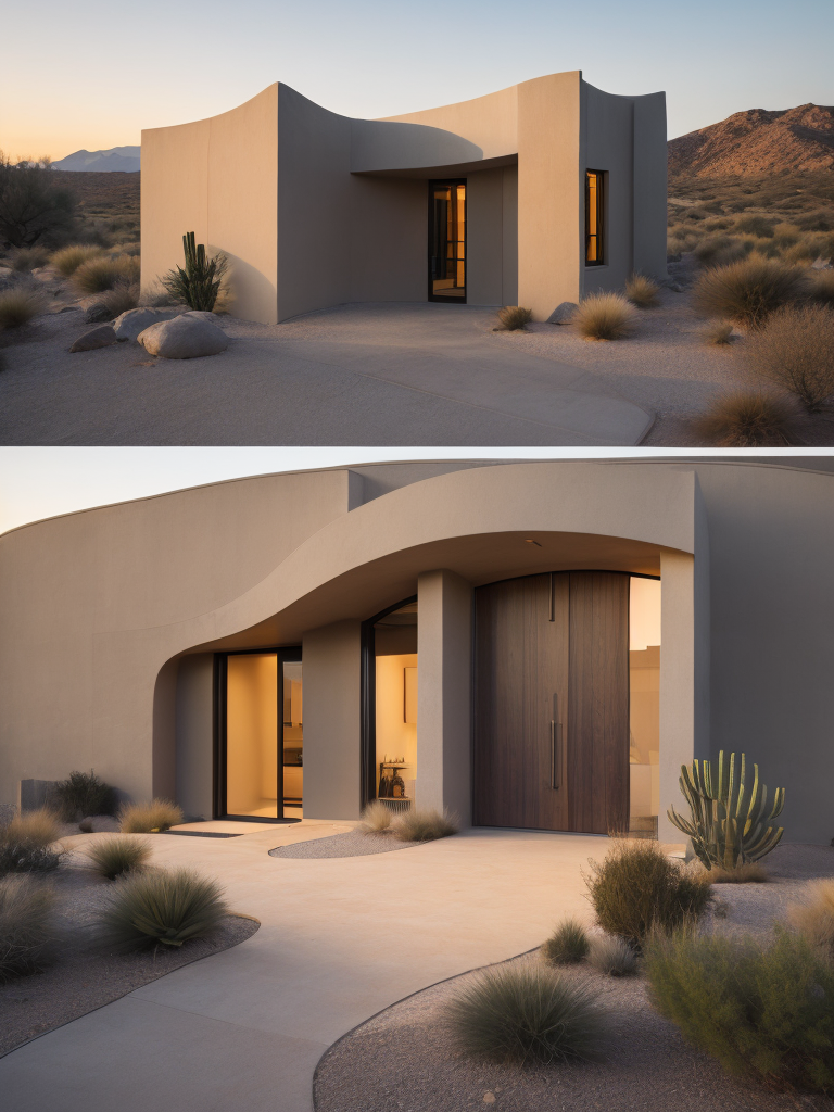 An architectural rendering of a minimal, geometric, curved, sculptural, stucco textured, tan desert abode, sand and clay facade with small carved window openings, wood accents, arched glass door opening, cactus, tumble weed, artificial lighting, desert landscaping, outdoor camp fire, located in Arizona during twilight, hazy horizon