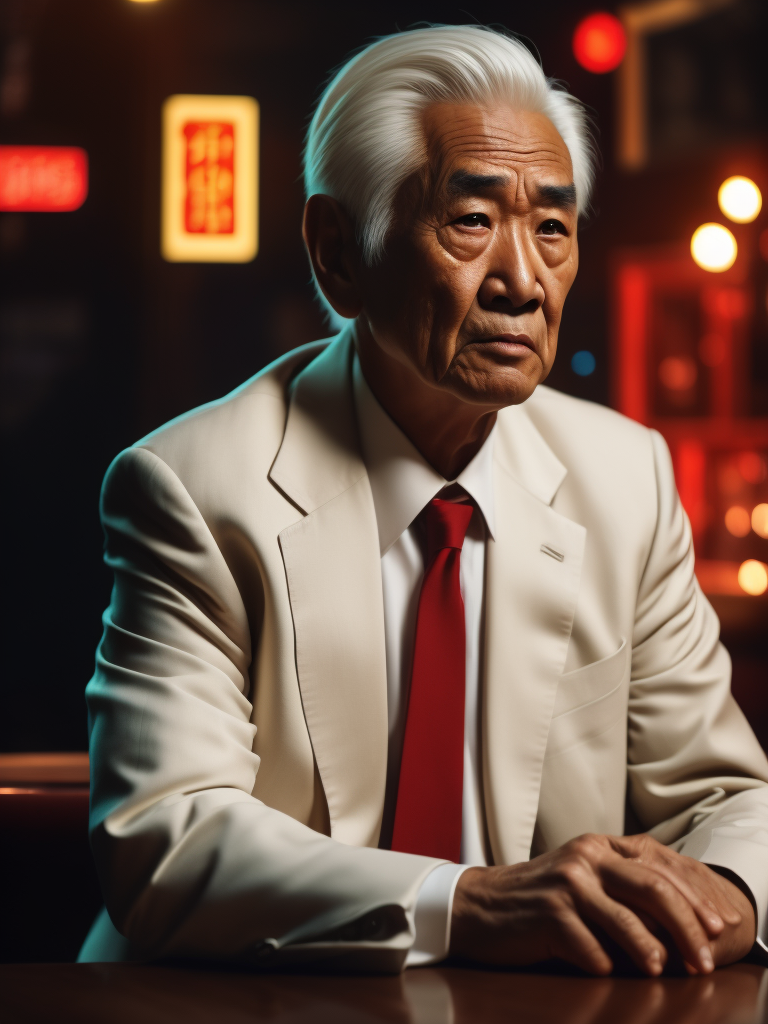 cinematic shot, scene from a movie, portrait of an Asian man 80 years old sitting in a night bar, Asian mafia, father of mafia, angry face, white jacket, red tie, white hair, red Chinese lights on a background, focus on a face, red lighting, low light, dark atmosphere