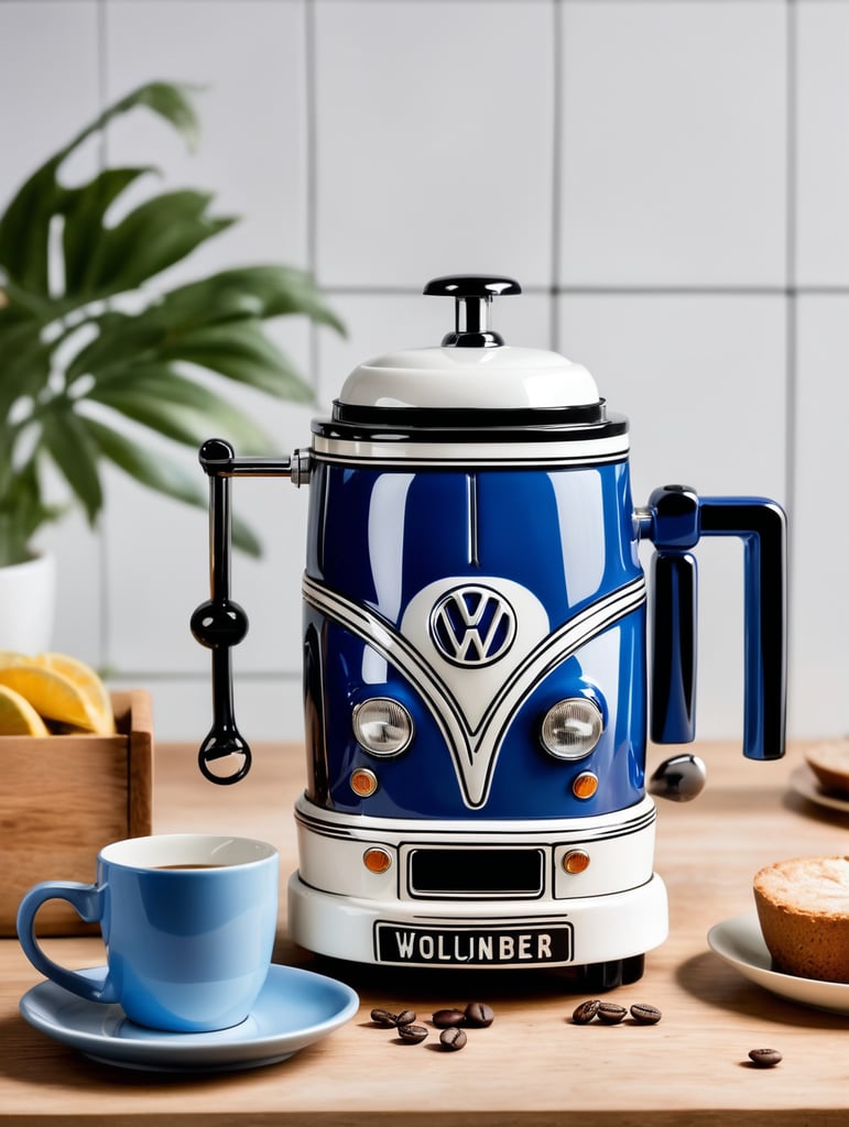 a vintage coffee maker shaped like a blue and white volkswagen kombi, grain grinder on top, coffe mug, kitchen, realistic