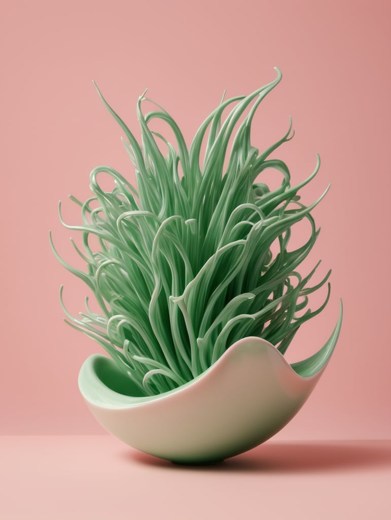 a singular object, floating in mid air, trippy, looks like a seaweed porcelain, structure, gloss, otherworldly, nature, photorealism, y2k, rave, plain pink colour background, light green, pinks, orange, baby pink