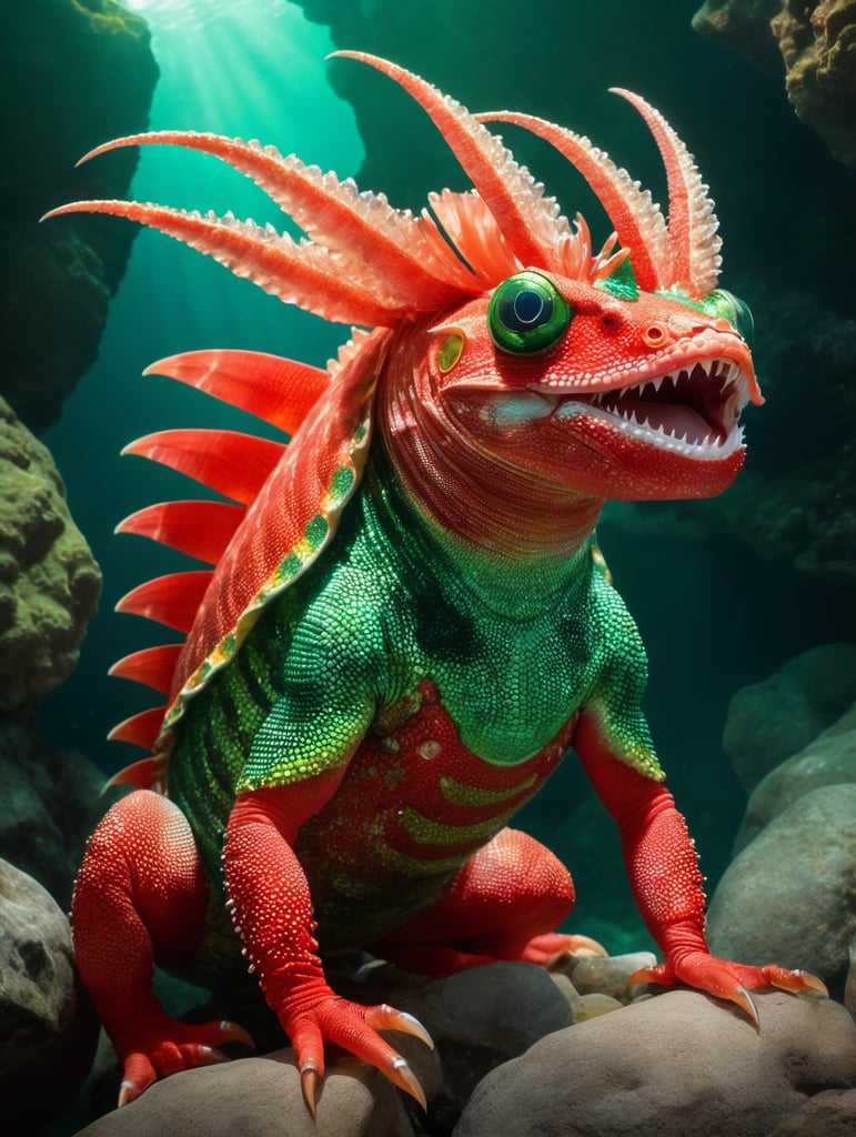 a colorful sea creature sitting on rocks, in the style of light red and light emerald, photographic source, sumatraism, elaborate costumes, bugcore, webcam photography, national geographic photo